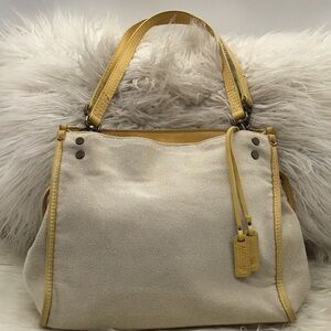 American Leather Co Yellow Leather Beige Canvas Shoulder Bag